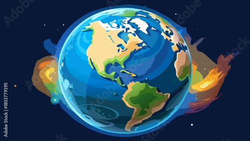 Photorealistic Earth from space with vivid atmosphere glow, detailed continents and oceans, North America in clear view