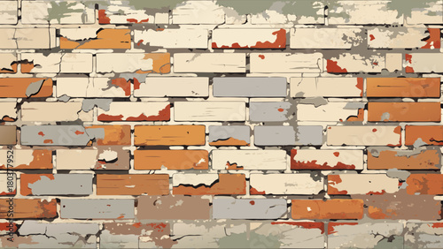 Weathered pale brick wall with peeling paint and rough cement lines, capturing an old industrial textured look