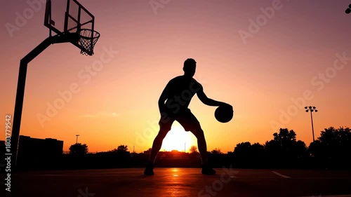 Silhouette of a basketball player dribbling on an outdoor court at sunset. Vertical video of an athlete practicing a jump shot. Urban sport and recreation concept