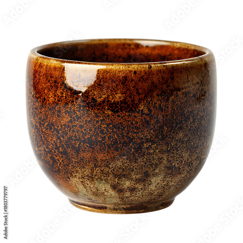 Small ceramic bowl isolated on transparent background with brown and gold glaze