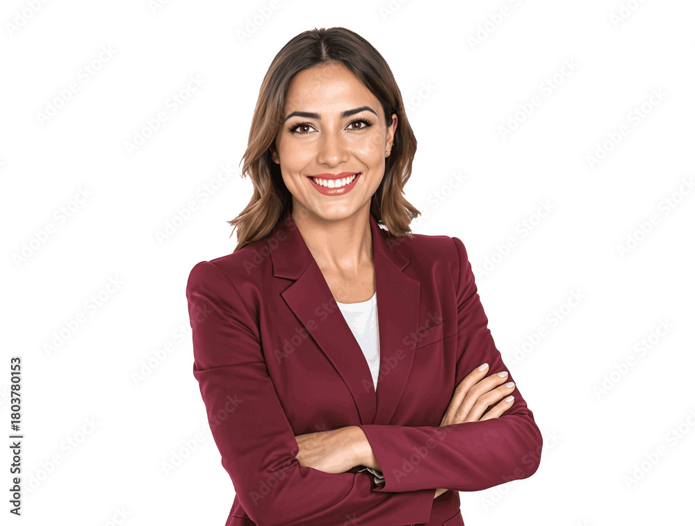 Fototapeta premium Mujer ejecutiva sonriente con brazos cruzados y fondo transparente