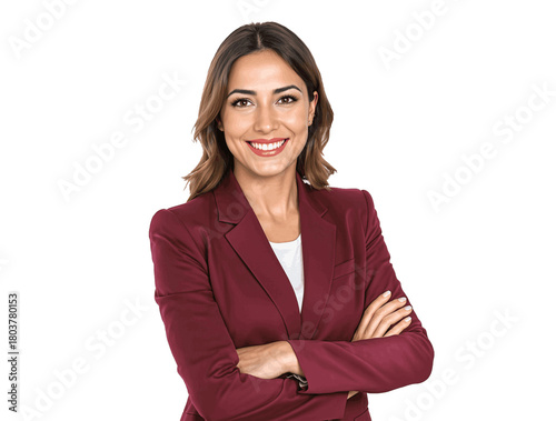 Mujer ejecutiva sonriente con brazos cruzados y fondo transparente