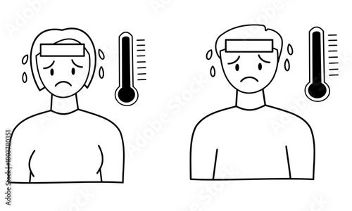 man and woman suffering fever symptom line icon with wet cloth on forehead