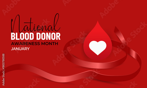 National Blood Donor Awareness Month vector design featuring red blood drop symbols and awareness ribbon for January health campaign. Banner poster, flyer and background design template.