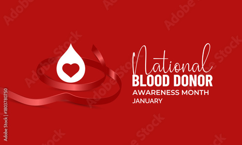 National Blood Donor Awareness Month vector design featuring red blood drop symbols and awareness ribbon for January health campaign. Banner poster, flyer and background design template.