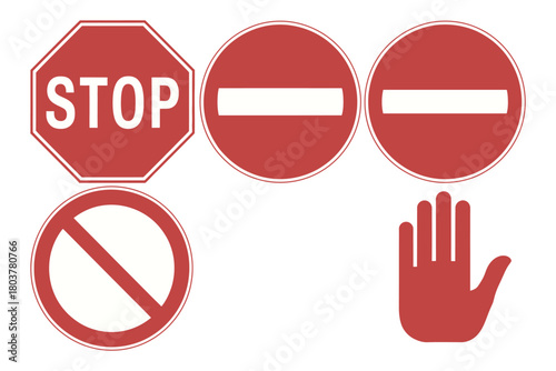 A collection of red and white traffic signs, including a stop sign, do not enter signs, a no entry sign, and a hand symbol indicating prohibition.