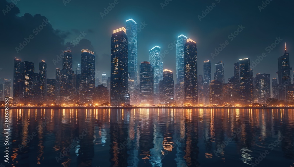 Fototapeta premium Modern city skyline at night over water. Tall skyscrapers with glowing windows reflect on the dark blue lake. Urban landscape lights up the evening sky.