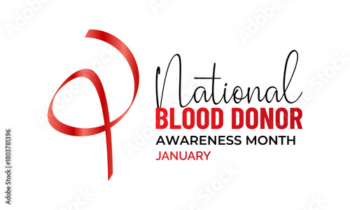 National Blood Donor Awareness Month vector design featuring red blood drop symbols and awareness ribbon for January health campaign. Banner poster, flyer and background design template.