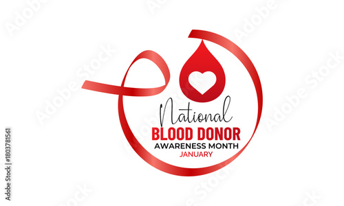 National Blood Donor Awareness Month vector design featuring red blood drop symbols and awareness ribbon for January health campaign. Banner poster, flyer and background design template.
