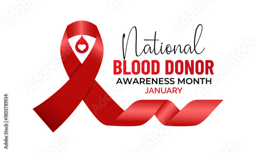 National Blood Donor Awareness Month vector design featuring red blood drop symbols and awareness ribbon for January health campaign. Banner poster, flyer and background design template.