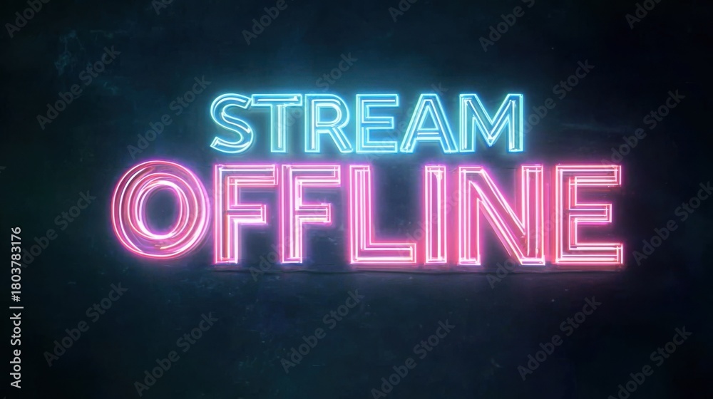 Obraz premium Text displaying offline stream status in vibrant blue and pink neon colors against a dark background