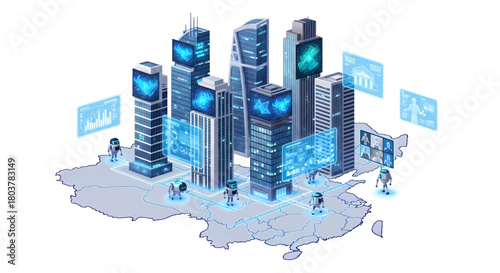 Dynamic illustration of a high-tech metropolis powered by advanced AI and data networks, symbolizing global connectivity, smart city evolution, and future urban innovation and development