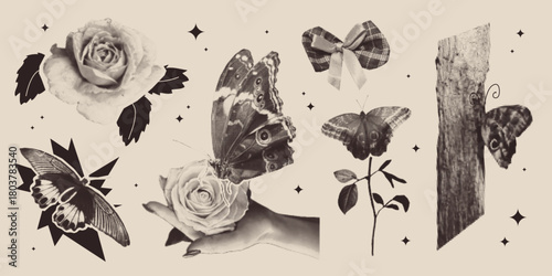 Vintage halftone collage with butterflies and roses - grunge y2k aesthetic of photocopy texture flowers, ribbon bow and moth on beige. Retro scrapbook elements for nostalgic fashion graphics.