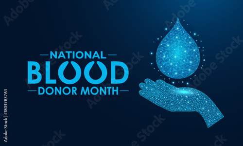 National Blood Donor Awareness Month vector design featuring red blood drop symbols and awareness ribbon for January health campaign. Banner poster design. Designed in a low poly style.