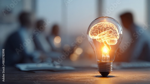Creativity brainstorming concept with a glowing light bulb with a brain inside with workers blurred in background working for new ideas. High quality