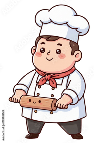 A male chef is holding a cake rolling tool wearing full attributes like a chef in a cute suit.