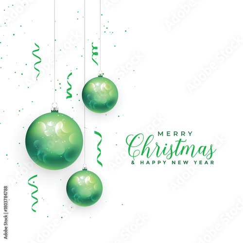 Art & Illustration 0f Merry Christmas and Happy New Year greeting card with green text, ribbons and baubles on white background