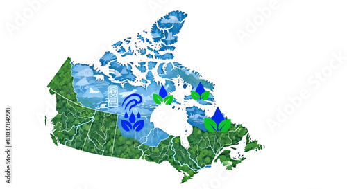 Illustrative map of Canada showcasing natural resources and water bodies with blue droplet icons and green leaf emblems