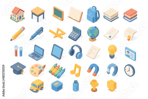A detailed set of colorful isometric vector icons representing school supplies, educational tools, and various academic learning subjects isolated on a white background