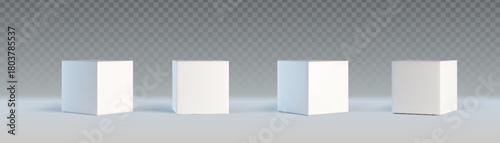 3D cubes set isolated on transparent background. Vector realistic illustration of blank white box models, front and angle view with soft shadows, presentation podium mockup, geometric platform design