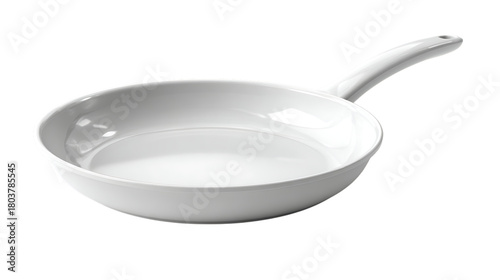 White nonstick frying pan with white handle isolated on transparent background