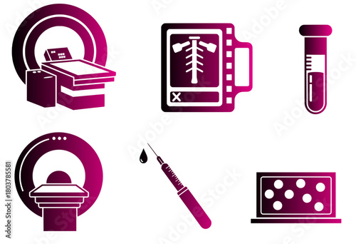 Medical Technology Icons Set: MRI, X-ray, Lab Test, Syringe, Diagnostic - Pink, purple gradient shade