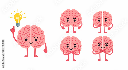 Cartoon brain characters with different expressions, including thinking, having an idea, and showing emotions.