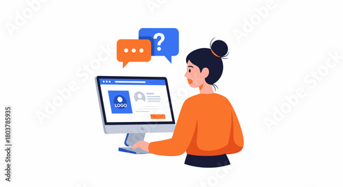 A woman is sitting at a computer and interacting with a digital interface, with chat bubbles indicating communication.