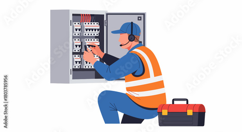 An electrician is working on an electrical panel, wearing a headset and safety vest.