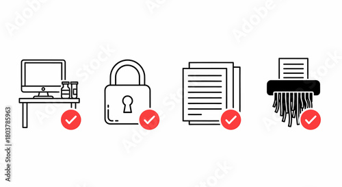 Data protection and document management icon set with checkmarks for compliance.