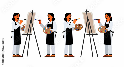 Four artists painting on canvas, each holding a brush and palette, wearing aprons.