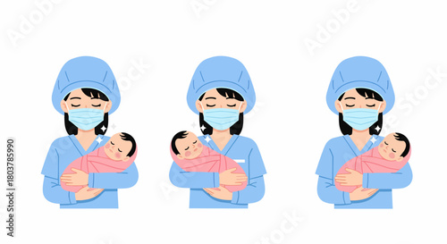 Three illustrations of a nurse wearing a mask and holding a newborn baby wrapped in a pink blanket.
