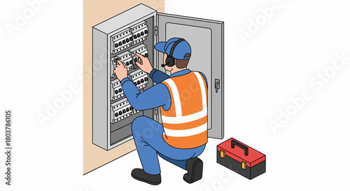 An electrician in a safety vest and cap works on an open electrical fuse box with tools, a red toolbox nearby.