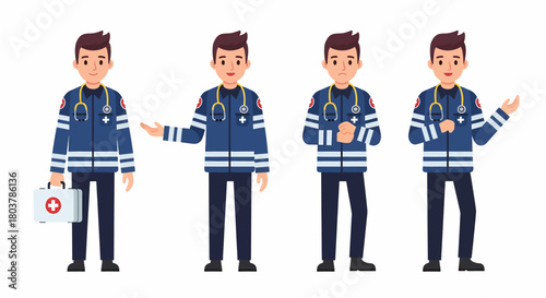 Paramedic man in different poses with medical kit and stethoscope.