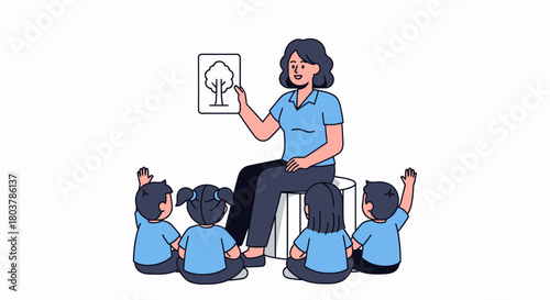 Teacher showing a drawing of a tree to a group of children sitting in a circle on the floor.