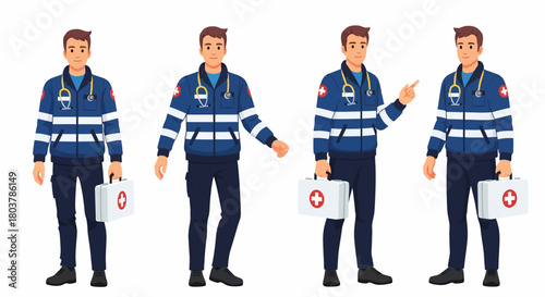 Paramedic man in uniform with first aid kit poses.