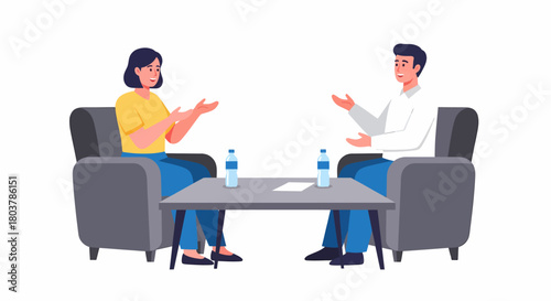 Illustration of a man and woman sitting in armchairs, engaged in a conversation or interview across a table.