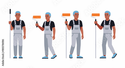 Four illustrations of a painter with a roller and extension pole, wearing overalls.