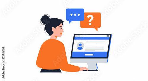 Woman at computer with question mark and speech bubble, seeking help online.