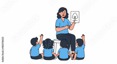 A teacher is showing a drawing of a tree to a group of children in a classroom.