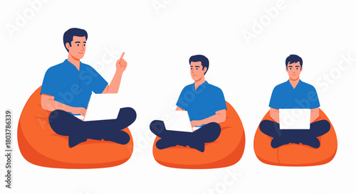 Set of illustrations showing a man working on a laptop in various poses while sitting on an orange beanbag chair.
