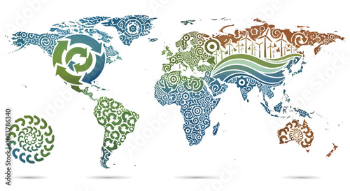 World map illustration with recycling symbols representing environmental protection and sustainability