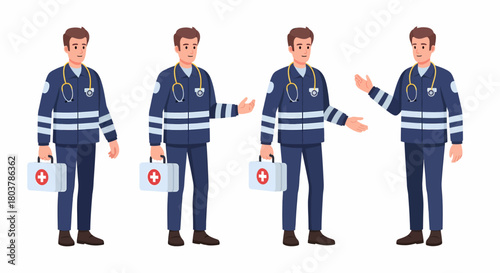 Four illustrations of a male paramedic in a blue uniform, holding a medical kit and gesturing.