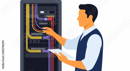 An IT technician or network administrator manages server equipment and cabling in a data center rack, holding a tablet.