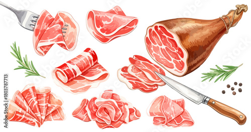 生ハム（プロシュート・ハモンセラーノ）と骨付き肉のセット,熟成肉,イタリアン,洋食,食材,水彩,リアル