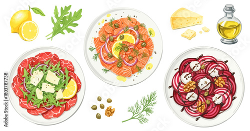 カルパッチョと前菜のセット（牛肉・サーモン・ビーツ）,イタリアン,洋食,前菜,サラダ,水彩,リアル