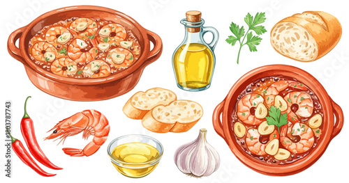 エビのアヒージョと食材のセット,スペイン料理,タパス,海鮮,オリーブオイル,リアル,水彩
