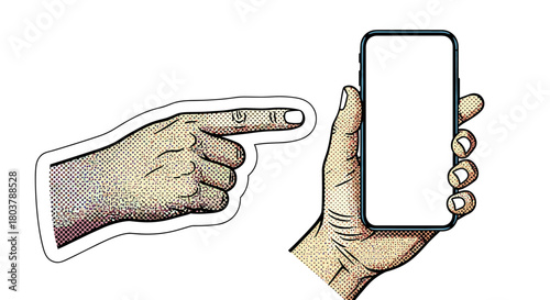 Halftone hand holding smartphone mockup with pointing finger. Vector retro collage element for app presentation.