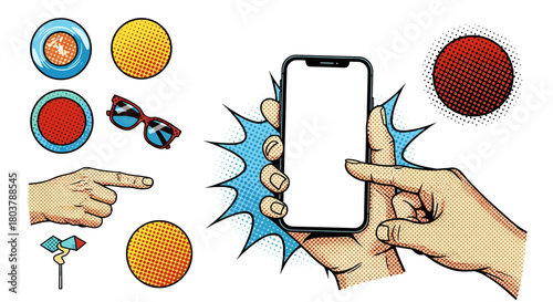 vector illustration, set, halftone hand holding smartphone with blank screen, isolated cut out shape, retro collage element, pointing finger, hand gesture, pop art style, halftone dots.