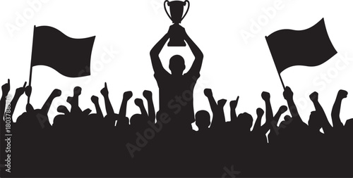 Silhouette of a person holding up trophy surrounded by fans waving flags in celebration
